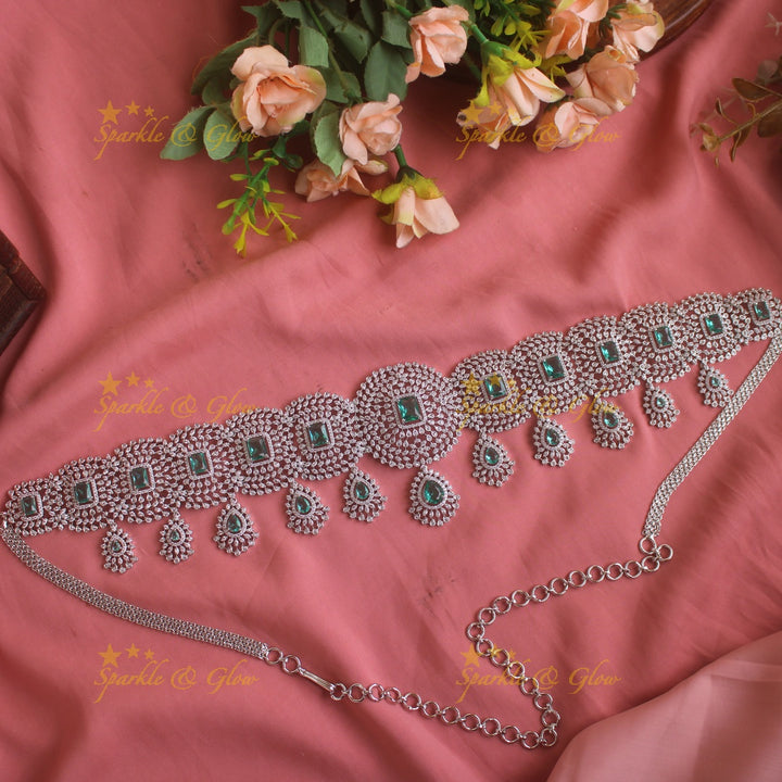 GJ polish Sparkling Floral design american diamond hipchain with droppings