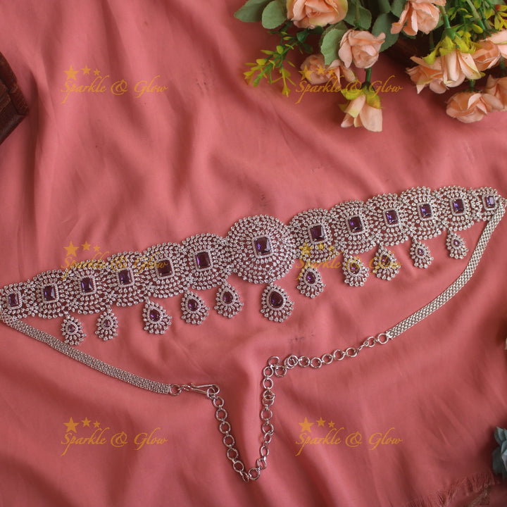 GJ polish Sparkling Floral design american diamond hipchain with droppings