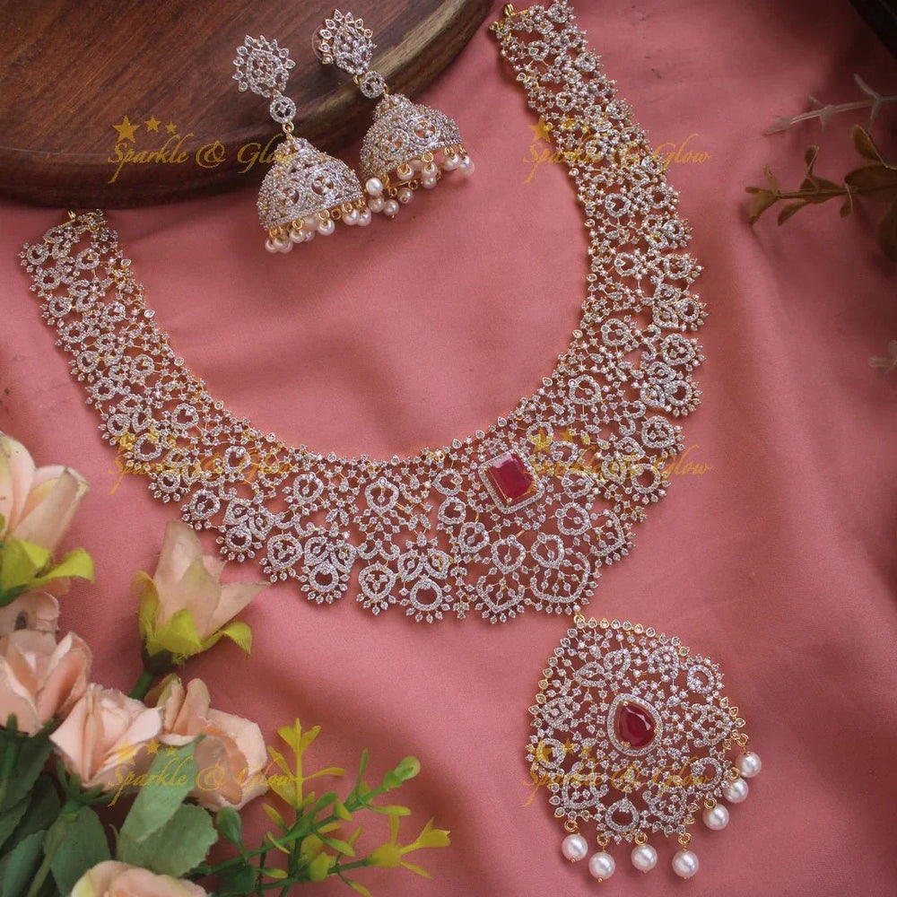 Sparkling Floral leaf design American diamond short necklace with ruby and pearl drops - pink - Sparkle and Glow