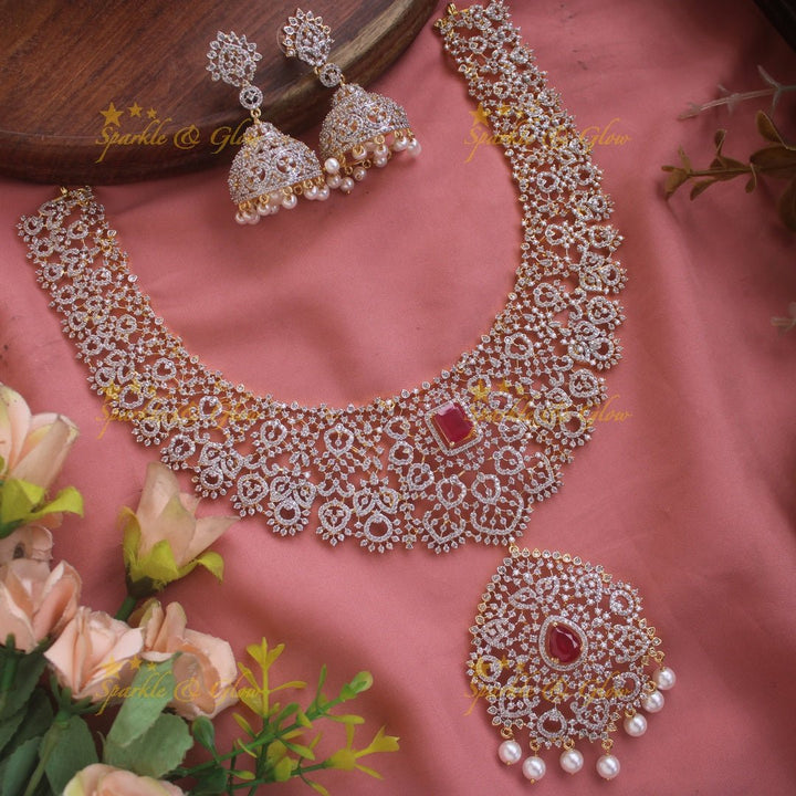 Sparkling Floral leaf design American diamond short necklace with ruby and pearl drops - pink - Sparkle and Glow - Pink - Back Thread