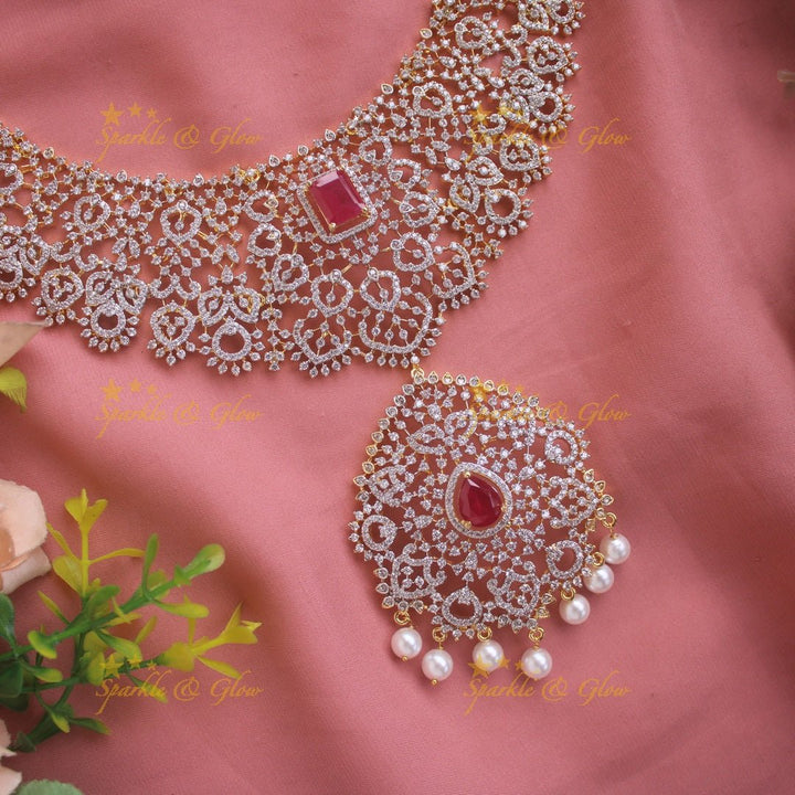 Sparkling Floral leaf design American diamond short necklace with ruby and pearl drops - pink - Sparkle and Glow - Pink - Back Thread