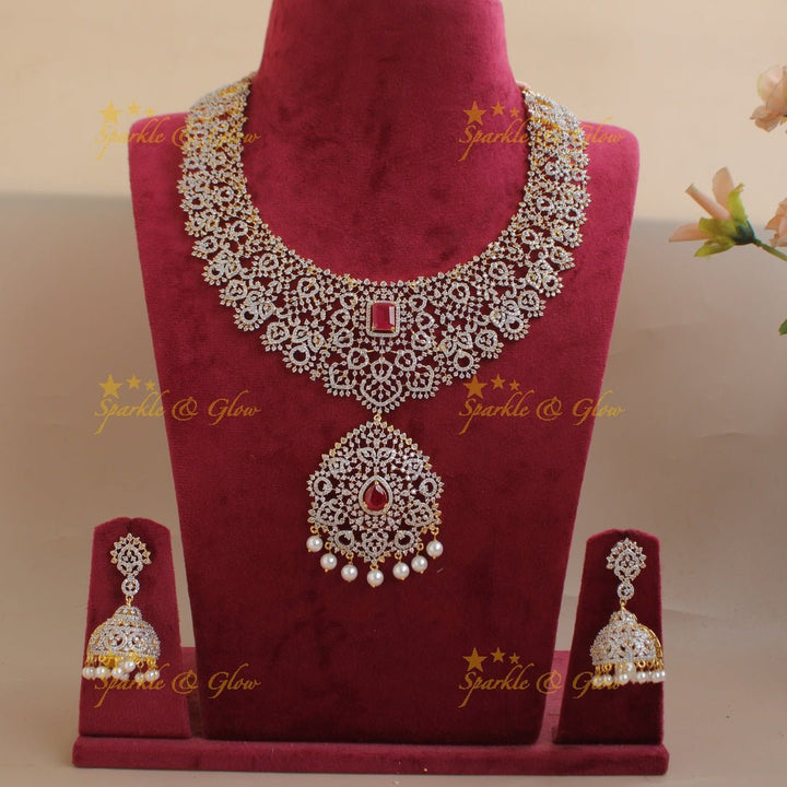 Sparkling Floral leaf design American diamond short necklace with ruby and pearl drops - pink - Sparkle and Glow - Pink - Back Thread
