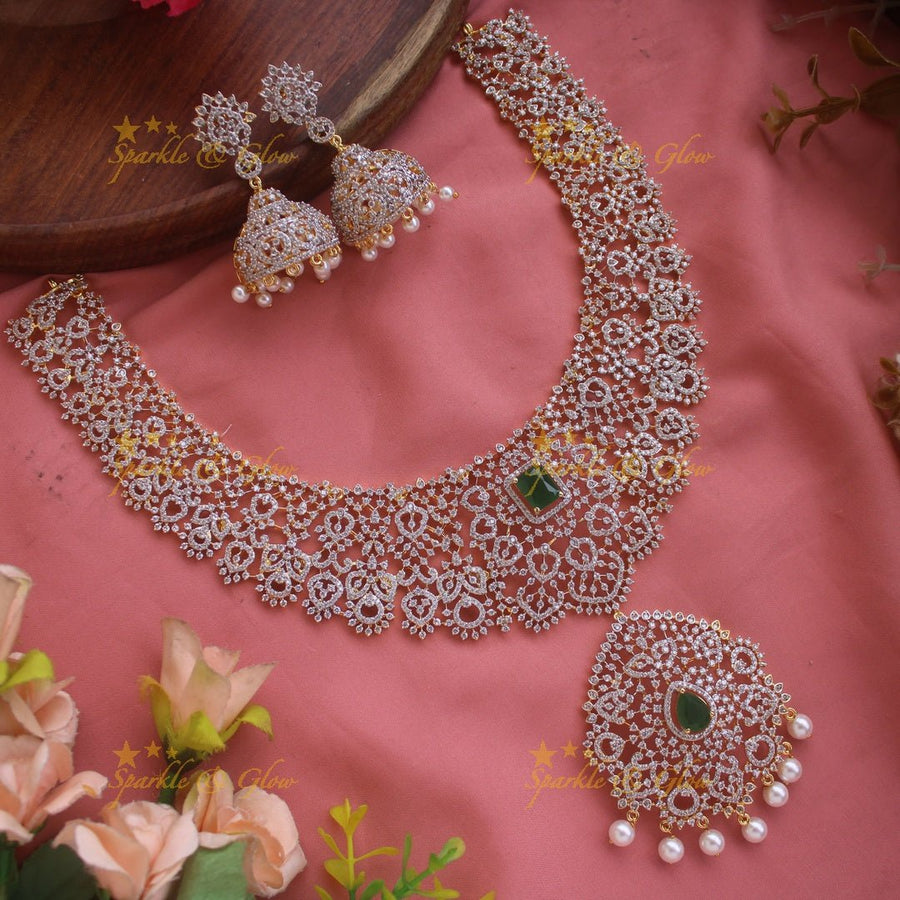 Sparkling Floral leaf design American diamond short necklace with ruby and pearl drops - pink - Sparkle and Glow - Pink - Back Thread