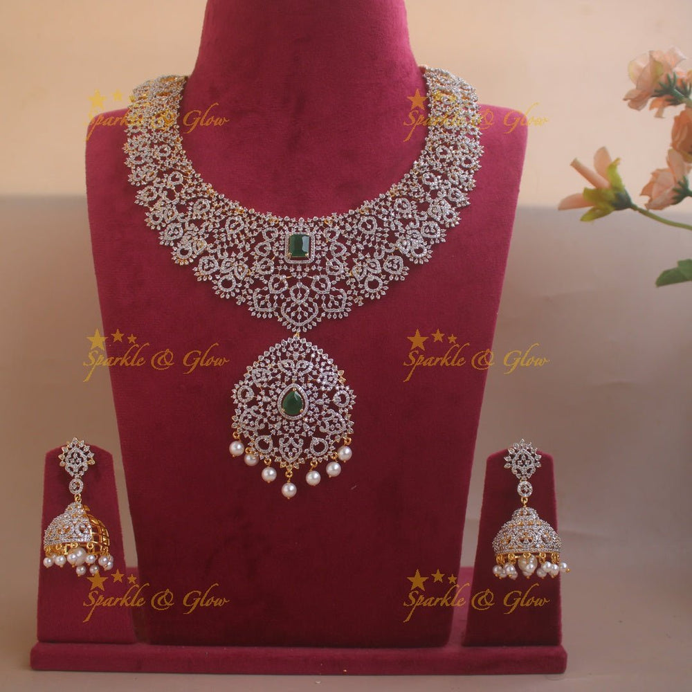 Sparkling Floral leaf design American diamond short necklace with ruby and pearl drops - pink - Sparkle and Glow - Pink - Back Thread