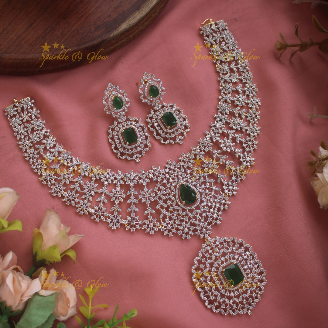 Exclusive Floral leaflet design  American diamond short necklace with emerald stones
