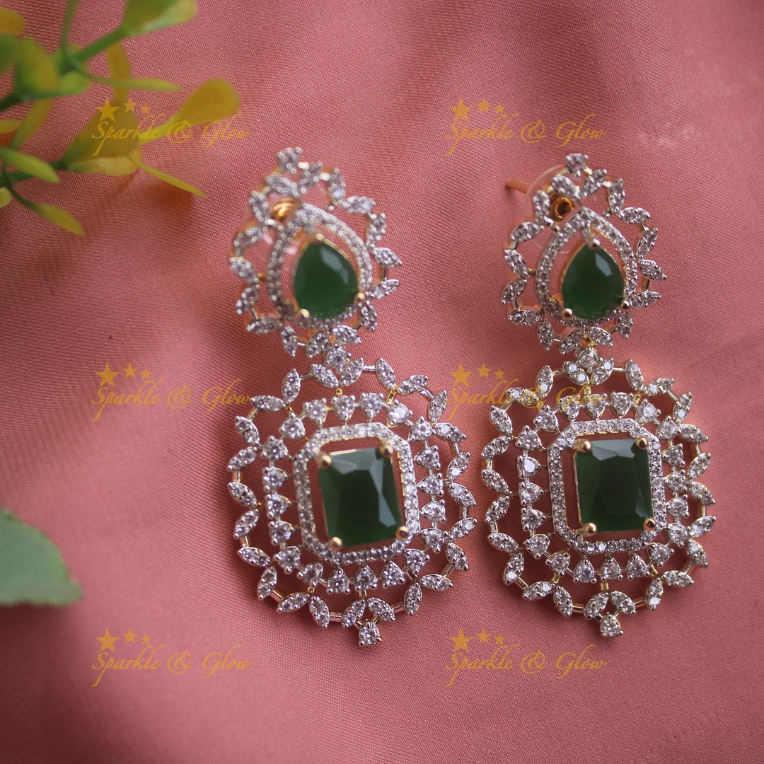Exclusive Floral leaflet design  American diamond short necklace with emerald stones