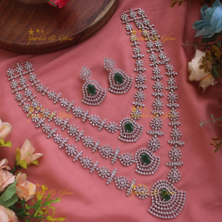 Gorgeous Floral leaflet design silver finish American diamond multi layer haram with emerald stones - green - Sparkle and Glow - Red - Back Thread