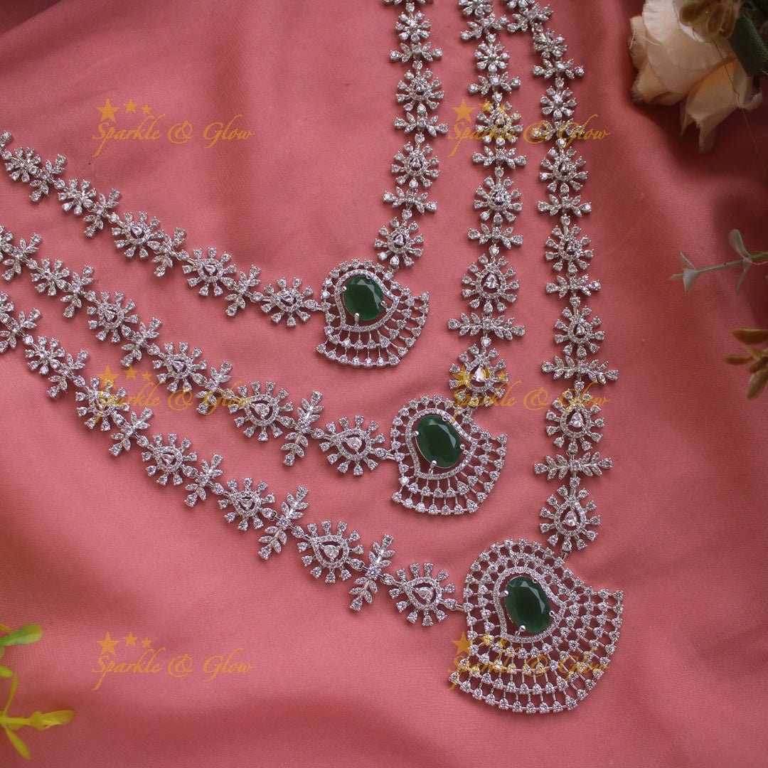 Gorgeous Floral leaflet design silver finish American diamond multi layer haram with emerald stones - green - Sparkle and Glow - Green - Back Thread