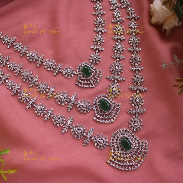 Gorgeous Floral leaflet design silver finish American diamond multi layer haram with emerald stones - green - Sparkle and Glow - Green - Back Thread