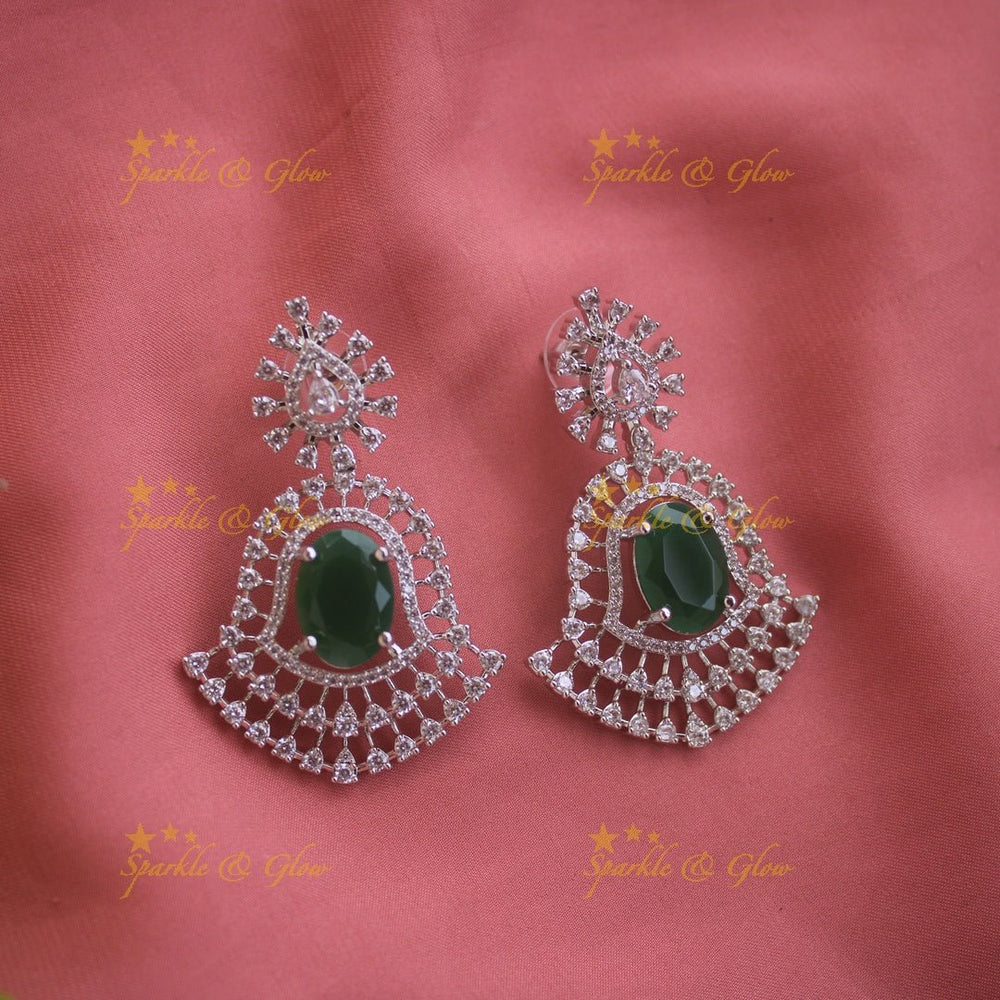 Gorgeous Floral leaflet design silver finish American diamond multi layer haram with emerald stones - green - Sparkle and Glow - Green - Back Thread