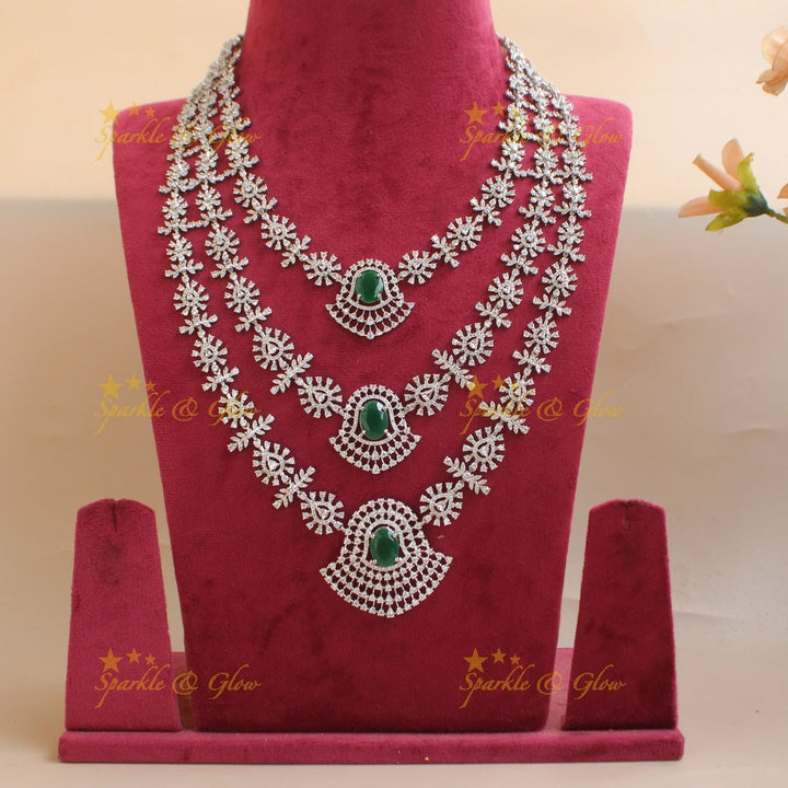 Gorgeous Floral leaflet design silver finish American diamond multi layer haram with emerald stones - green - Sparkle and Glow - Blue - Back Thread