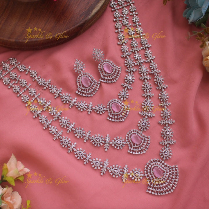 Gorgeous Floral leaflet design silver finish American diamond multi layer haram with emerald stones - green - Sparkle and Glow - Blue - Back Thread