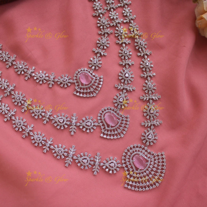 Gorgeous Floral leaflet design silver finish American diamond multi layer haram with emerald stones - green - Sparkle and Glow - Green - Back Thread