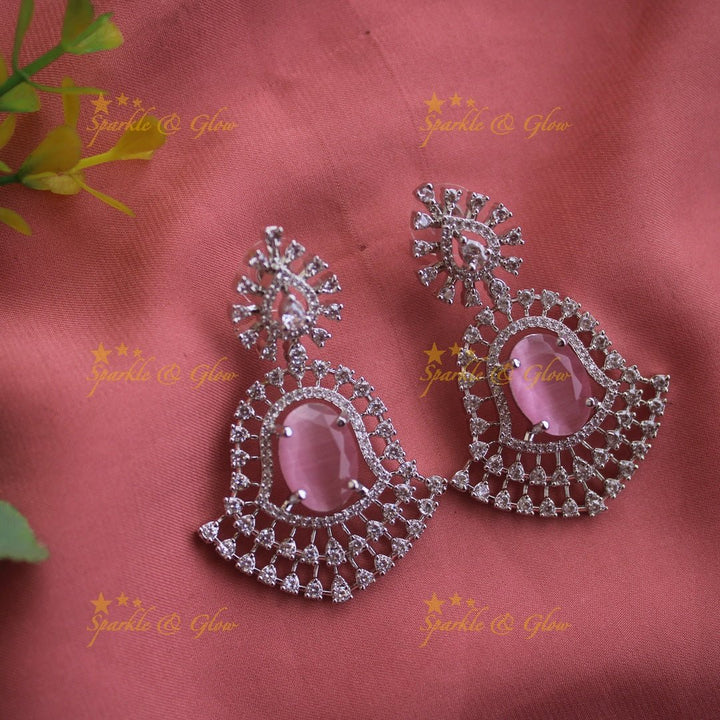 Gorgeous Floral leaflet design silver finish American diamond multi layer haram with emerald stones - green - Sparkle and Glow - Babypink - Back Thread