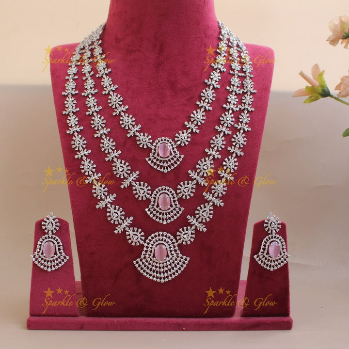 Gorgeous Floral leaflet design silver finish American diamond multi layer haram with emerald stones - green - Sparkle and Glow - Green - Back Thread