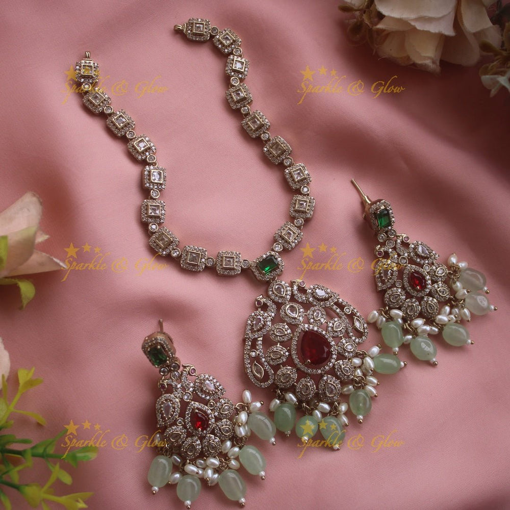 Beautiful Peacock floral design victorian AD short necklace with ruby emerald and mint green beads - Sparkle and Glow - Mintgreen - Back Thread
