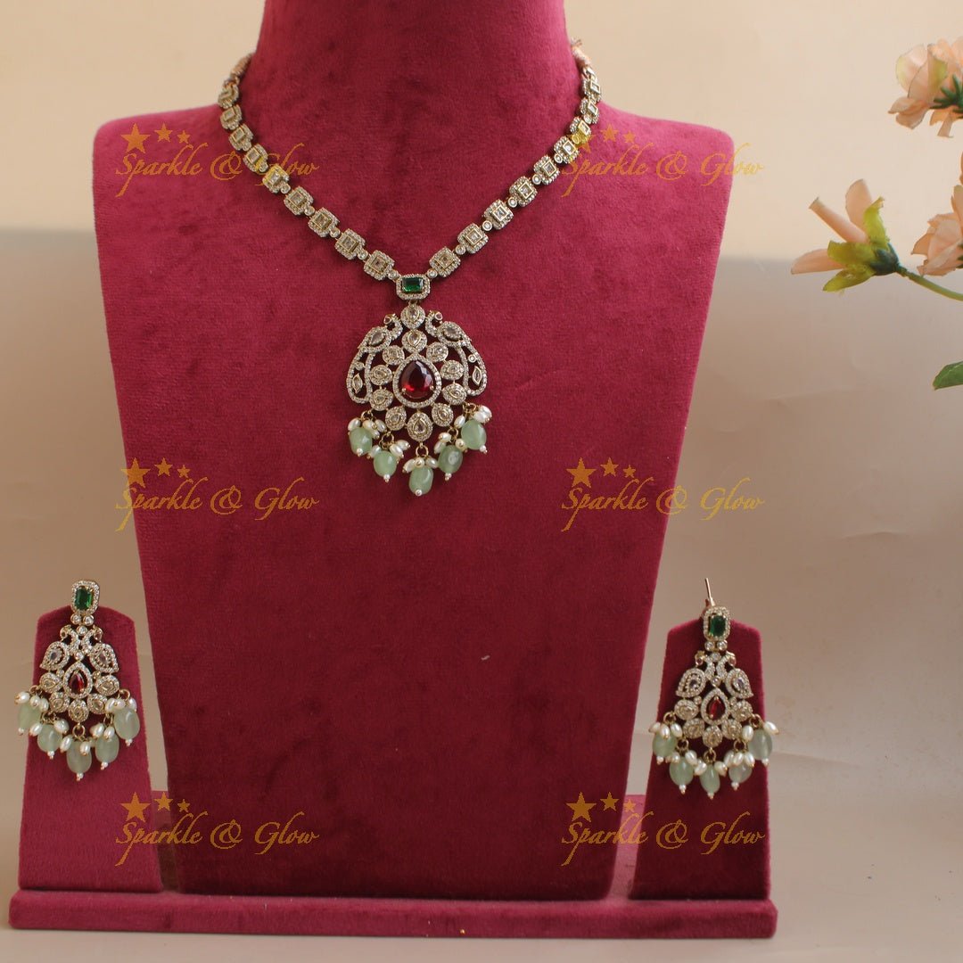 Beautiful Peacock floral design victorian AD short necklace with ruby emerald and mint green beads - Sparkle and Glow - Seablue - Back Thread
