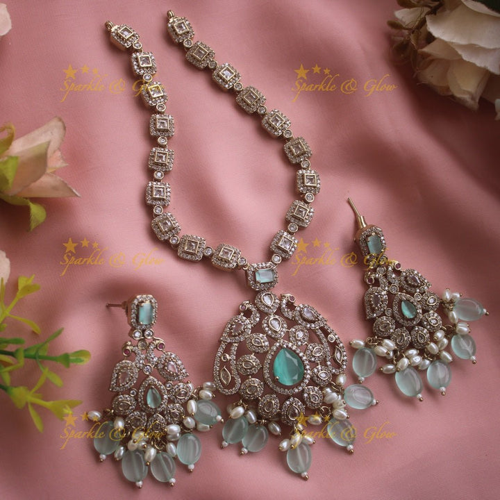 Beautiful Peacock floral design victorian AD short necklace with ruby emerald and mint green beads - Sparkle and Glow - Mintgreen - Back Thread