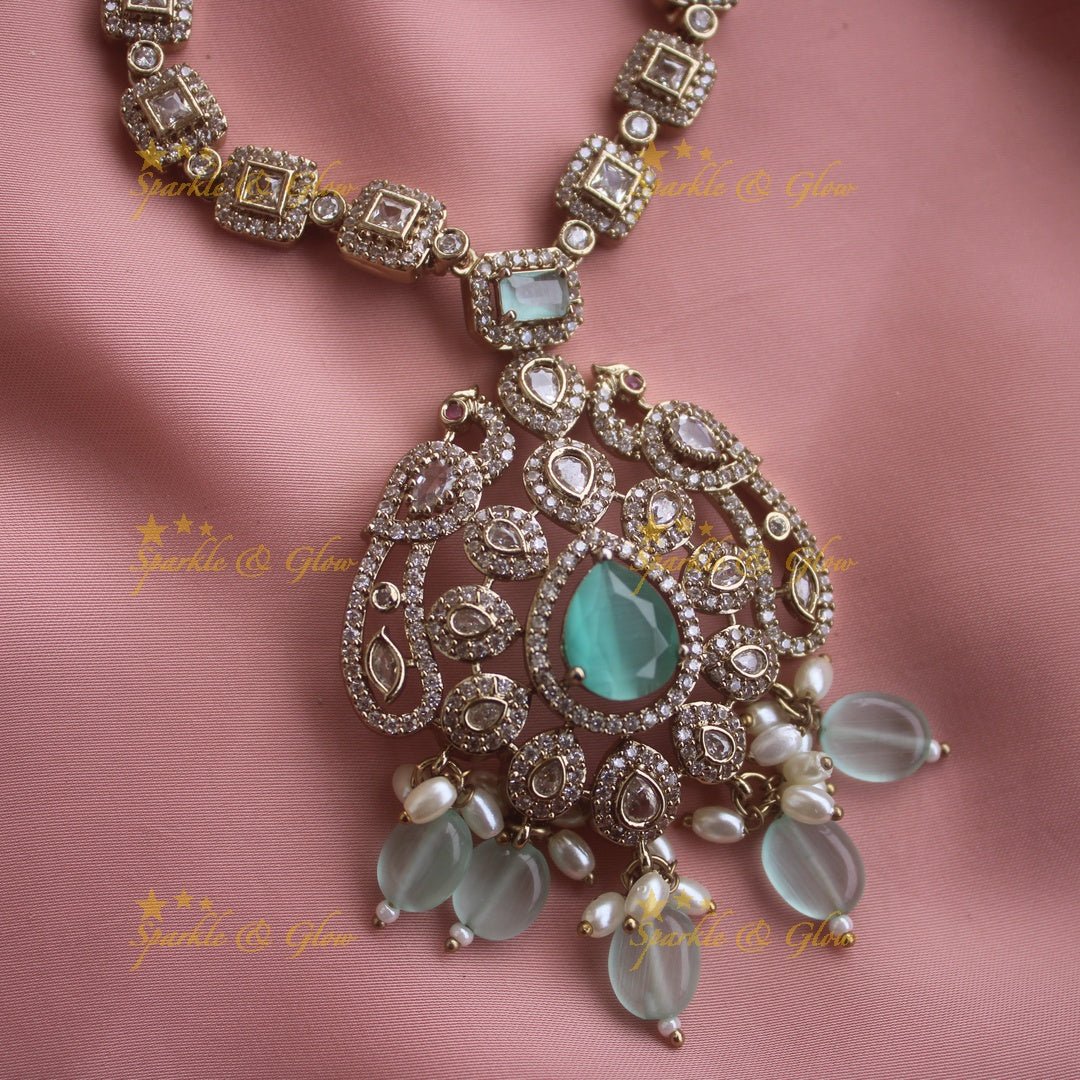 Beautiful Peacock floral design victorian AD short necklace with ruby emerald and mint green beads - Sparkle and Glow - Seablue - Back Thread