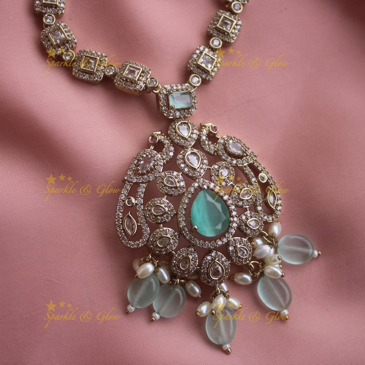 Beautiful Peacock floral design victorian AD short necklace with ruby emerald and mint green beads - Sparkle and Glow - Seablue - Back Thread