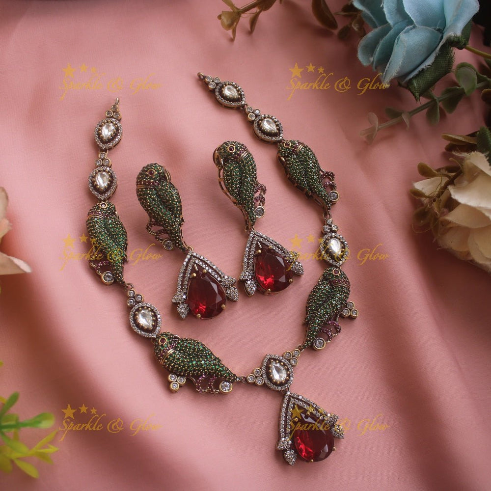 Exclusive Parrot design victorian AD short necklace with stone drop - red - Sparkle and Glow - Green - Back Thread