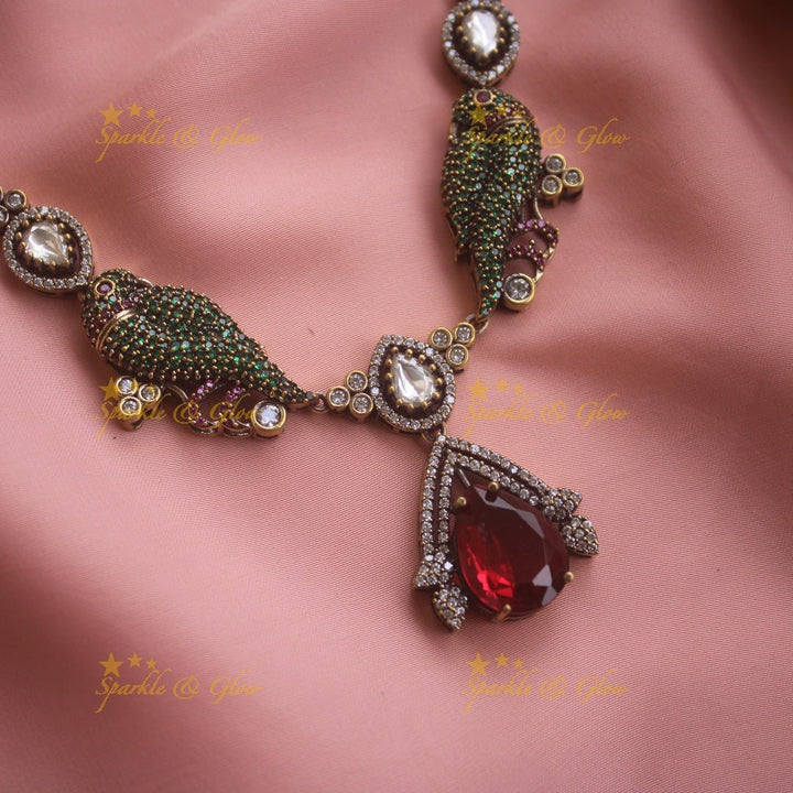 Exclusive Parrot design victorian AD short necklace with stone drop - red - Sparkle and Glow - Green - Back Thread