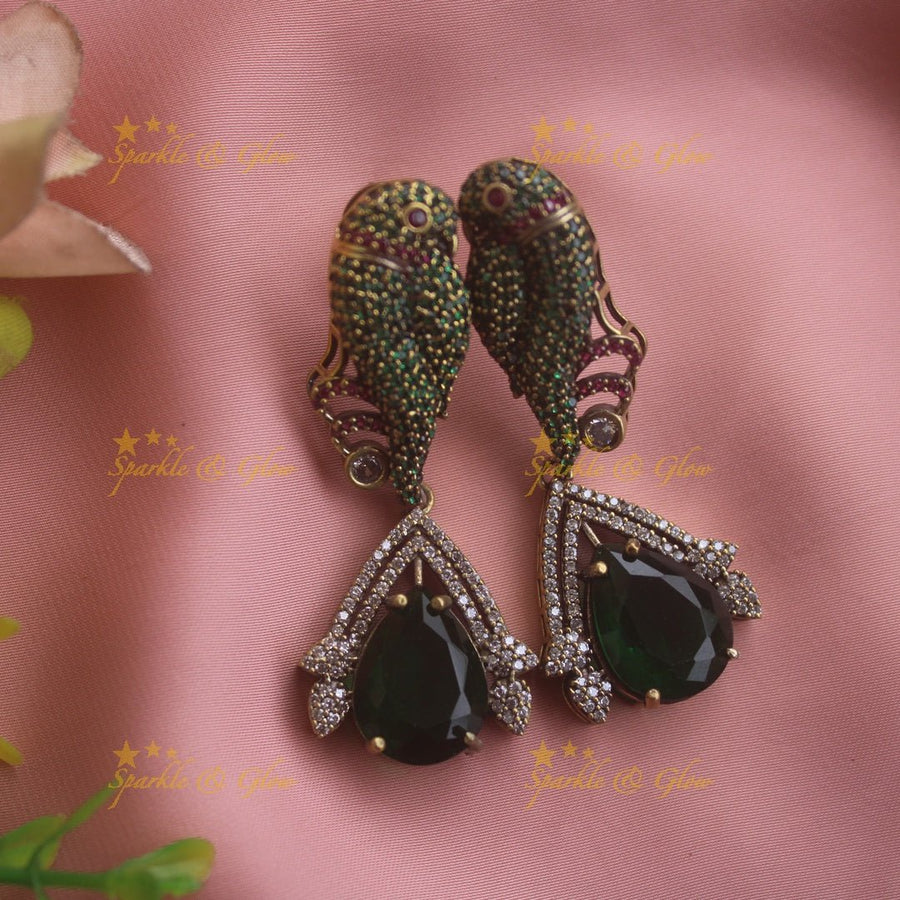 Exclusive Parrot design victorian AD short necklace with stone drop - red - Sparkle and Glow - Green - Back Thread