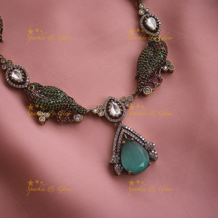 Exclusive Parrot design victorian AD short necklace with stone drop - red - Sparkle and Glow - Seablue - Back Thread