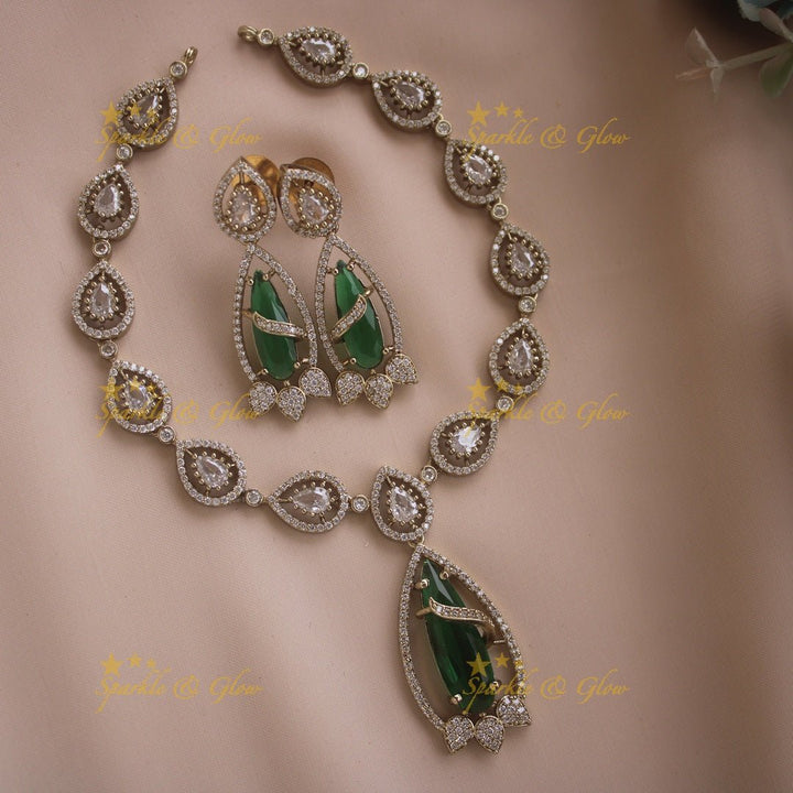 Stunning water drop design victorian AD short necklace with stone drop - green - Sparkle and Glow - White - Back Thread