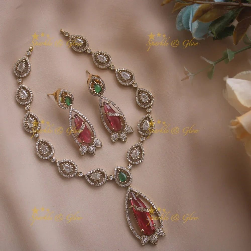 Stunning water drop design victorian AD short necklace with stone drop - green - Sparkle and Glow