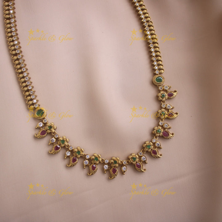 Gold Alike Floral mango design short necklace with CZ stones ruby and emerald