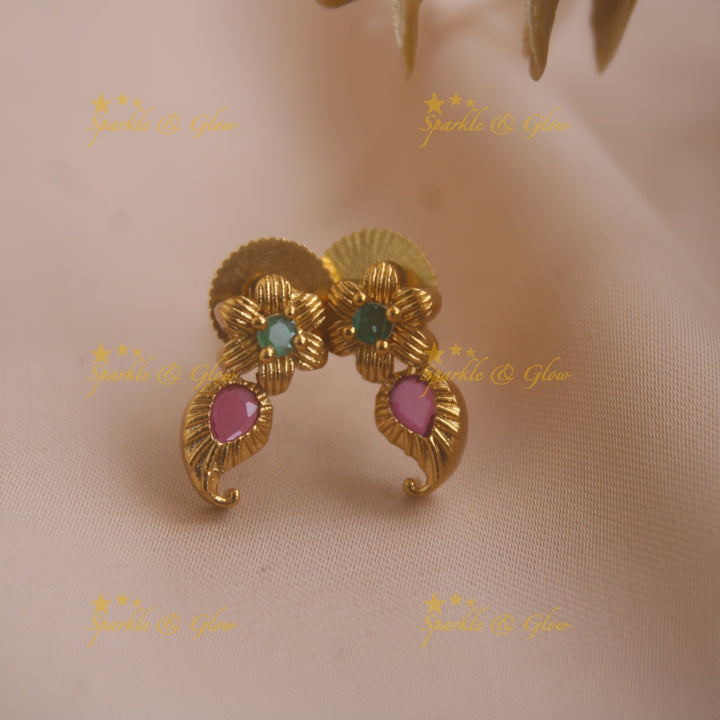 Gold Alike Floral mango design short necklace with CZ stones ruby and emerald