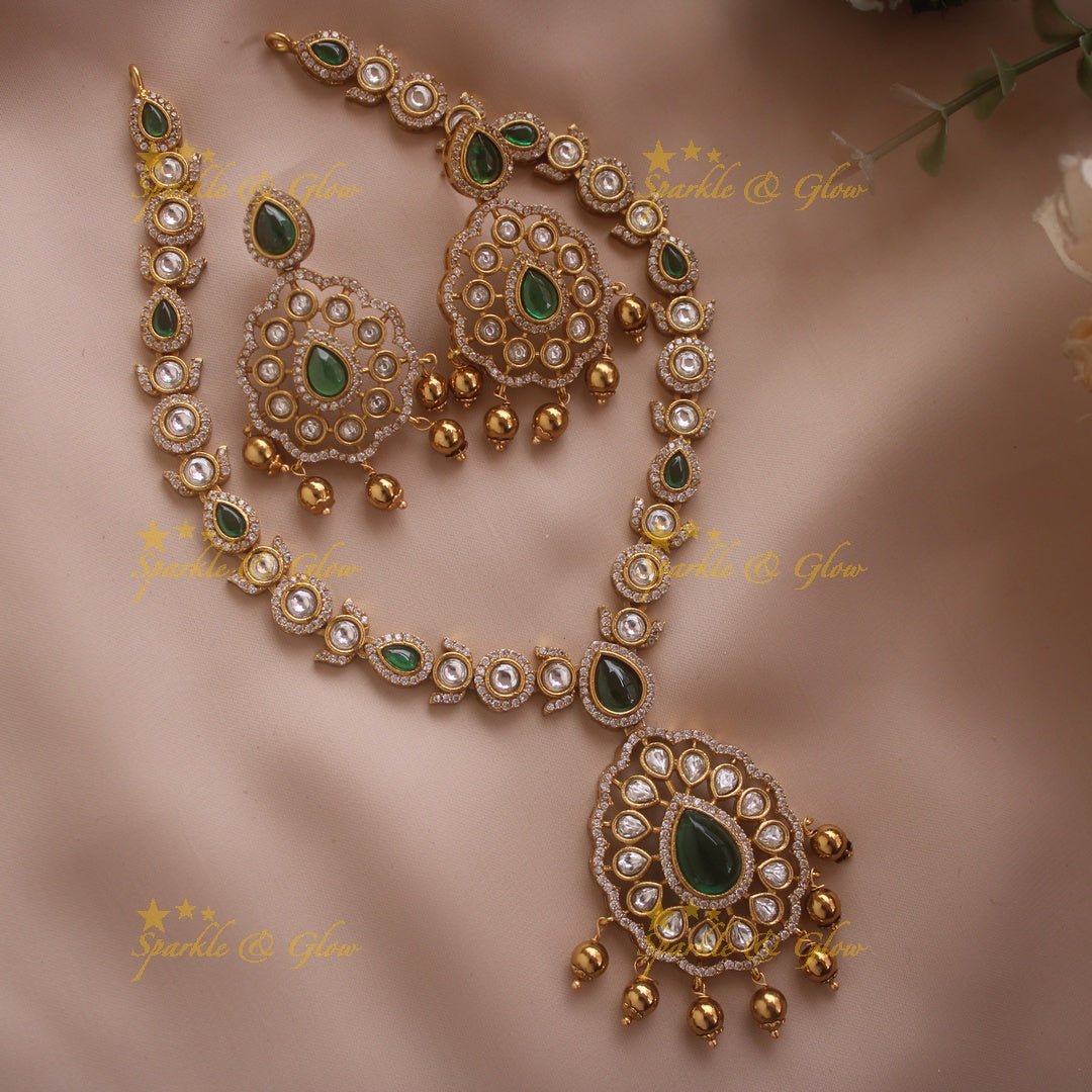 Beautiful Floral design AD short necklace with ruby emerald and gold beads - Sparkle and Glow - Green - Back Thread