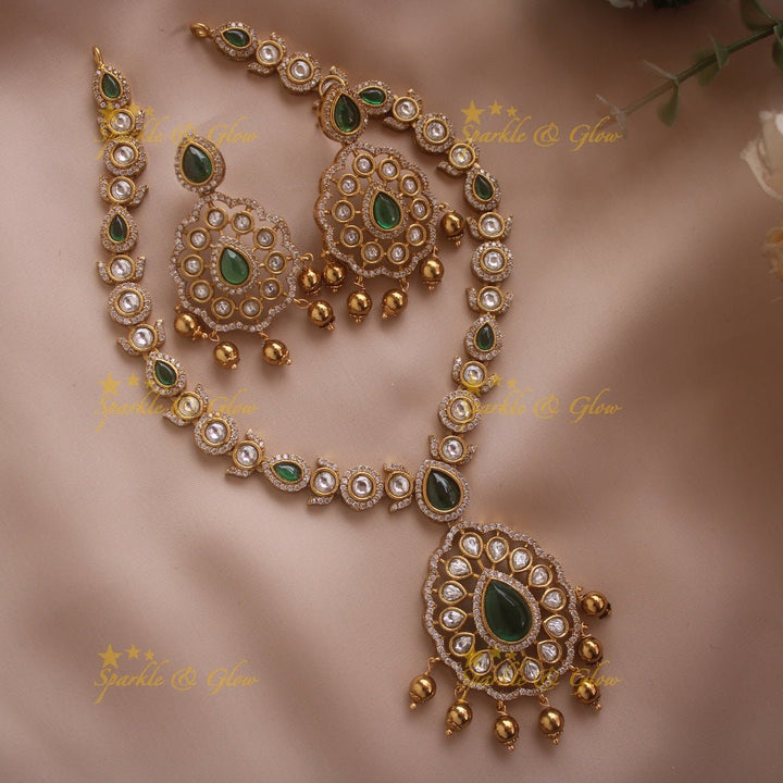 Beautiful Floral design AD short necklace with ruby emerald and gold beads - Sparkle and Glow - Green - Back Thread