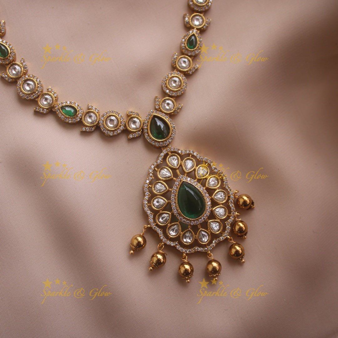 Beautiful Floral design AD short necklace with ruby emerald and gold beads - Sparkle and Glow - Green - Back Thread