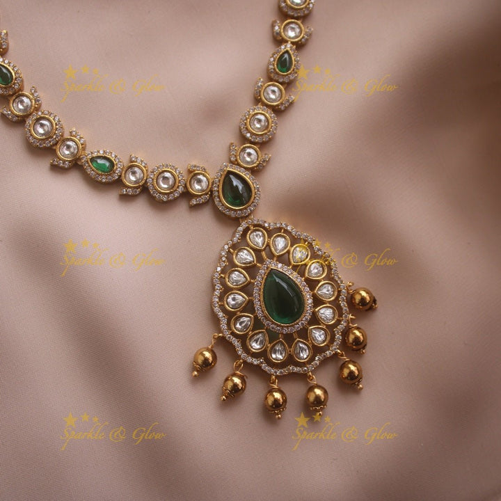 Beautiful Floral design AD short necklace with ruby emerald and gold beads - Sparkle and Glow - Green - Back Thread