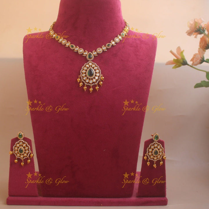 Beautiful Floral design AD short necklace with ruby emerald and gold beads - Sparkle and Glow - Green - Back Thread