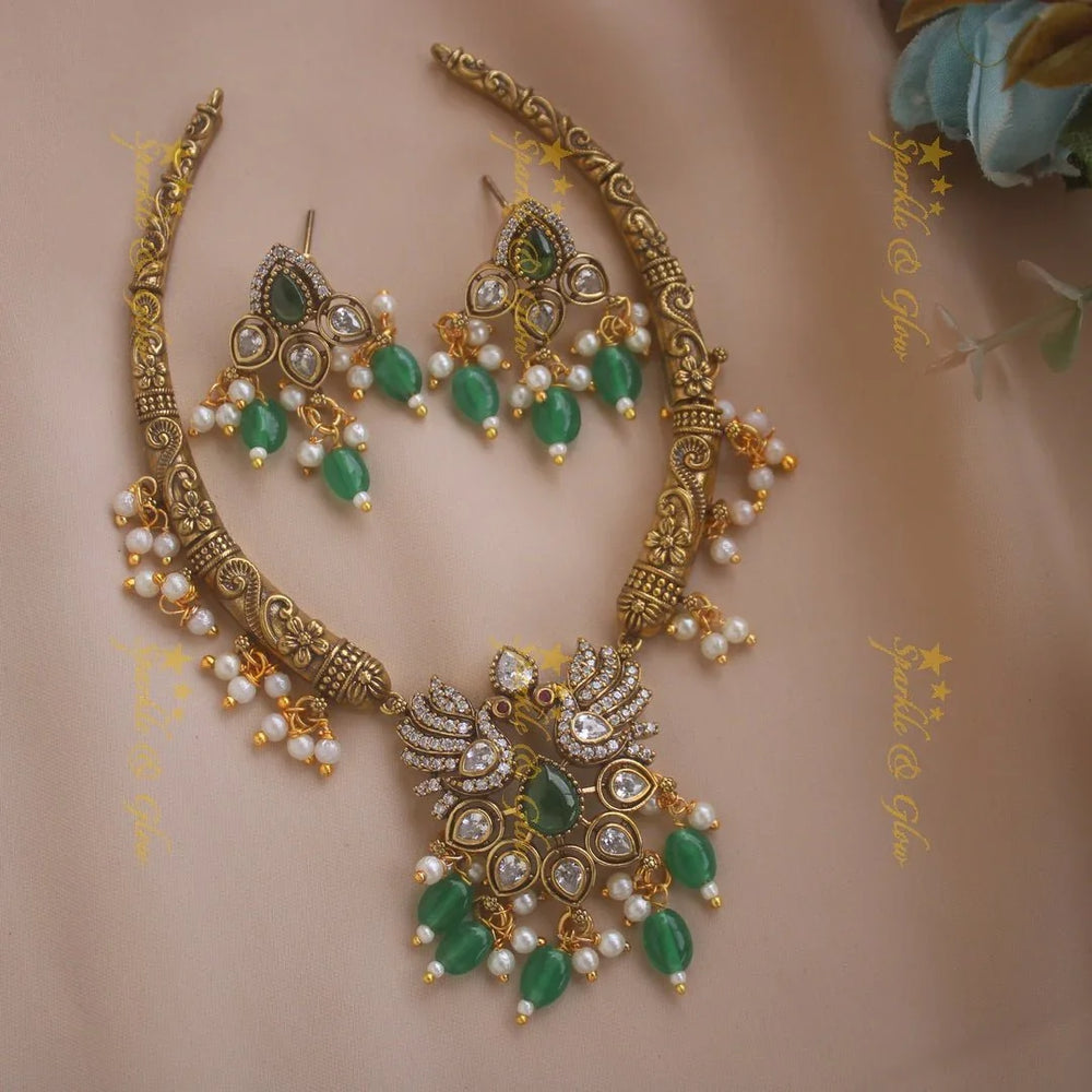 Statement Peacock Floral design victorian AD short necklace with pearls and green beads - Sparkle and Glow
