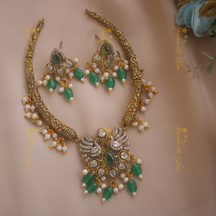 Statement Peacock Floral design victorian AD short necklace with pearls and green beads - Sparkle and Glow - Green - Back Thread