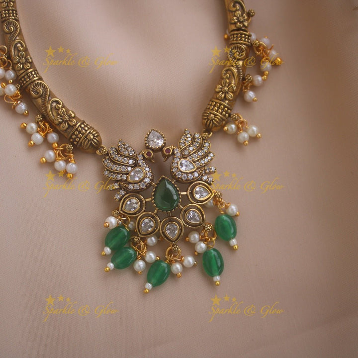 Statement Peacock Floral design victorian AD short necklace with pearls and green beads - Sparkle and Glow - Purple - Back Thread