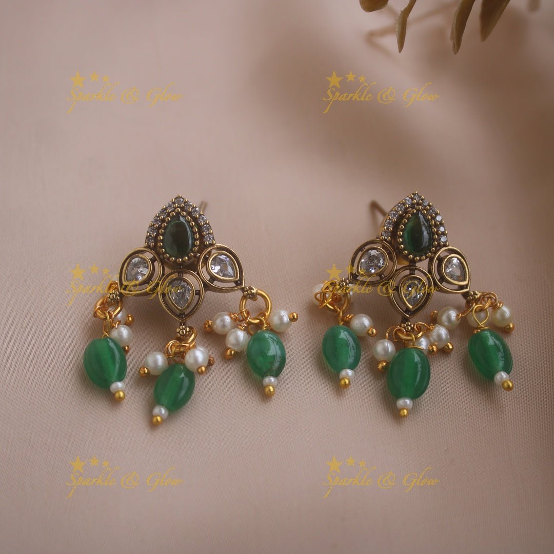 Statement Peacock Floral design victorian AD short necklace with pearls and green beads - Sparkle and Glow - Red - Back Thread
