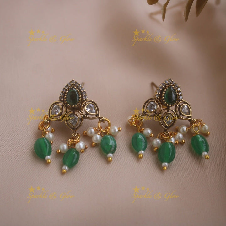 Statement Peacock Floral design victorian AD short necklace with pearls and green beads - Sparkle and Glow - Red - Back Thread