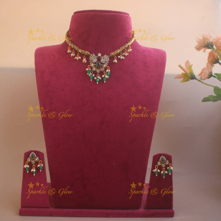 Statement Peacock Floral design victorian AD short necklace with pearls and green beads - Sparkle and Glow - Red - Back Thread