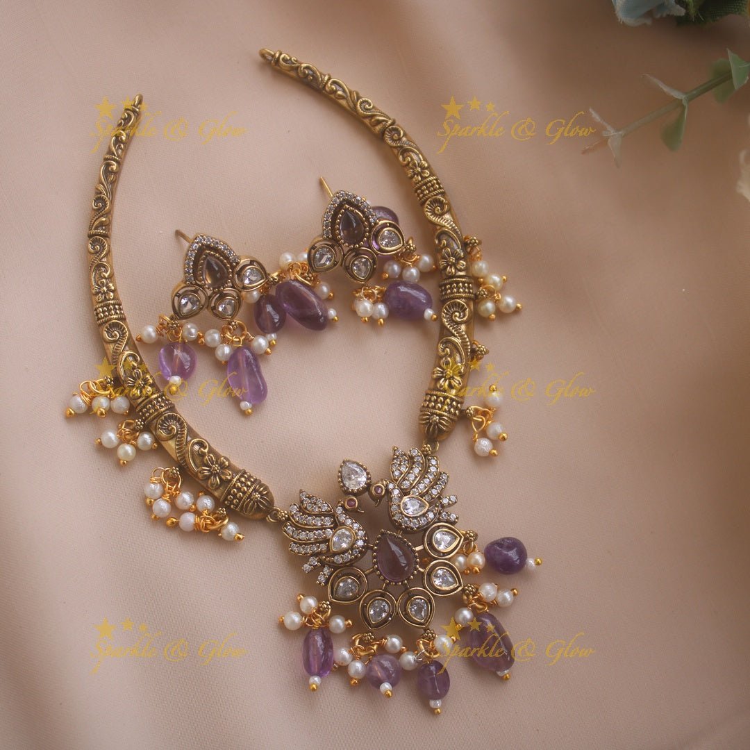 Statement Peacock Floral design victorian AD short necklace with pearls and green beads - Sparkle and Glow - Purple - Back Thread