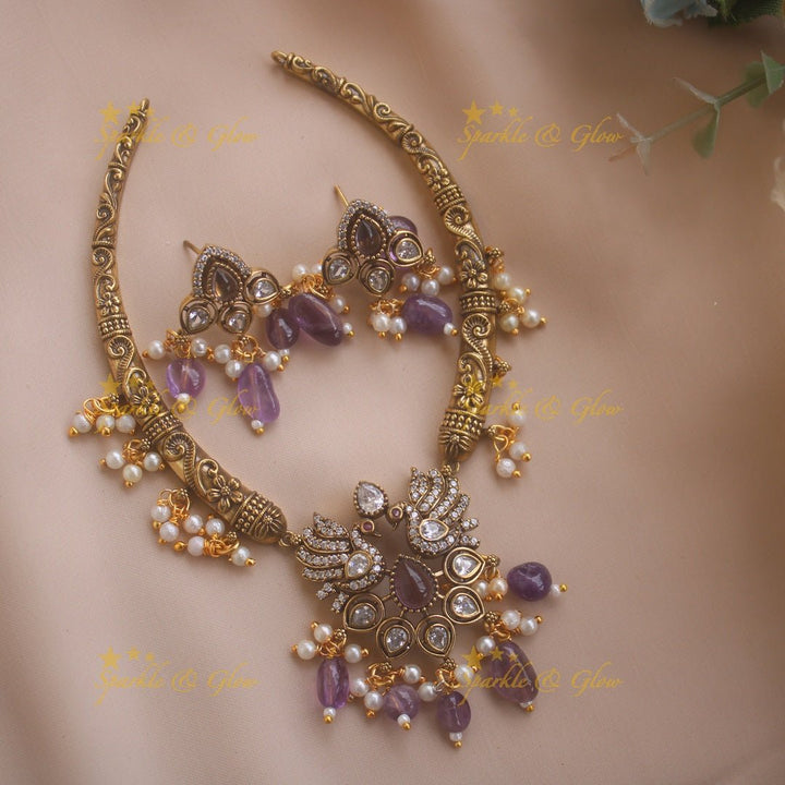 Statement Peacock Floral design victorian AD short necklace with pearls and green beads - Sparkle and Glow - Purple - Back Thread