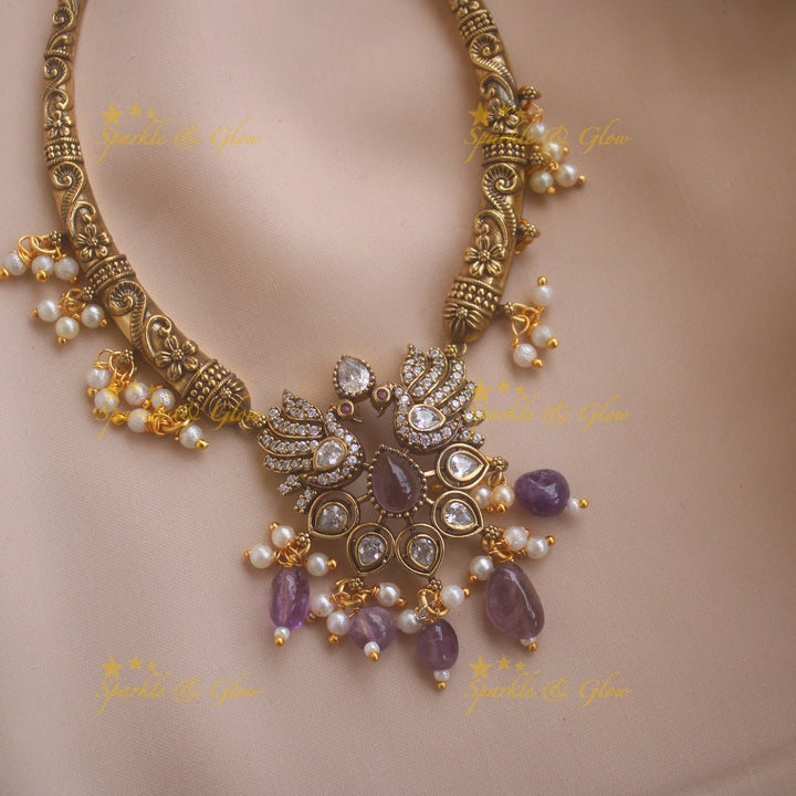 Statement Peacock Floral design victorian AD short necklace with pearls and green beads - Sparkle and Glow - Purple - Back Thread