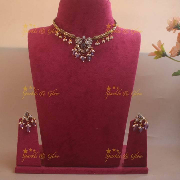 Statement Peacock Floral design victorian AD short necklace with pearls and green beads - Sparkle and Glow - Purple - Back Thread