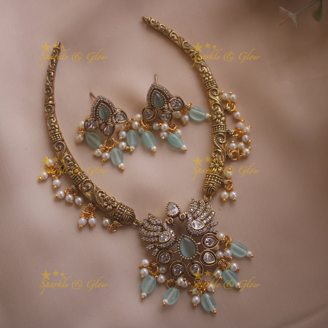 Statement Peacock Floral design victorian AD short necklace with pearls and green beads - Sparkle and Glow - Mintgreen - Back Thread