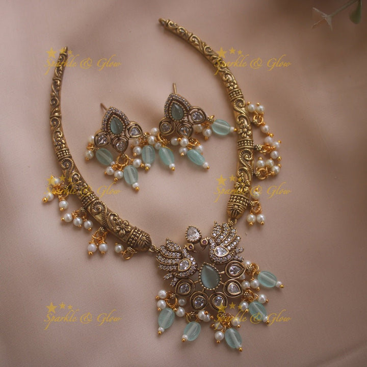 Statement Peacock Floral design victorian AD short necklace with pearls and green beads - Sparkle and Glow - Mintgreen - Back Thread