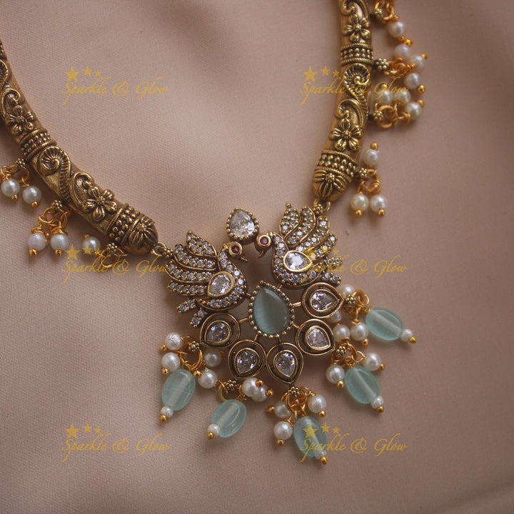 Statement Peacock Floral design victorian AD short necklace with pearls and green beads - Sparkle and Glow - Purple - Back Thread